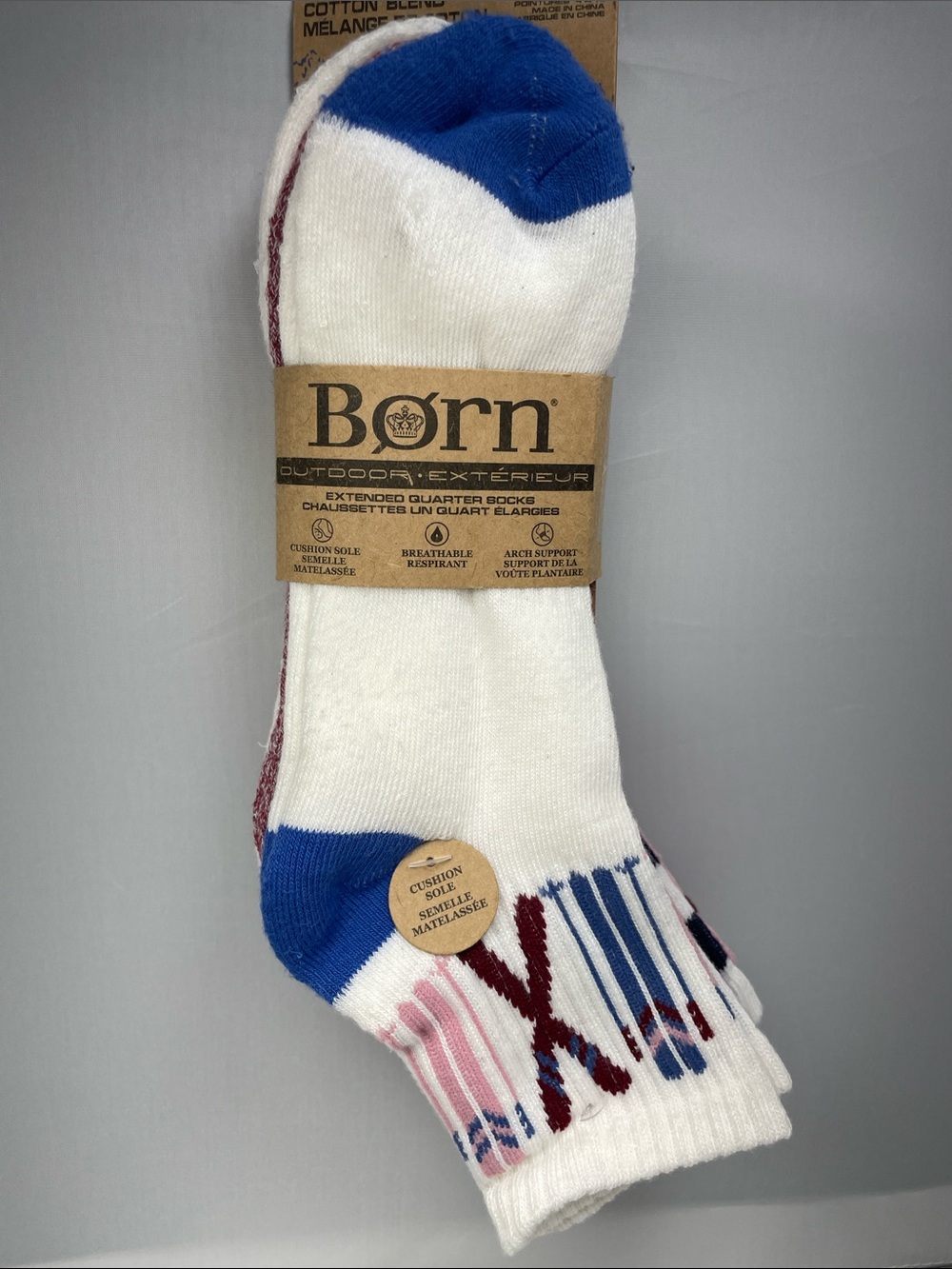 Born White Crew Socks with Blue and Burgundy Accents